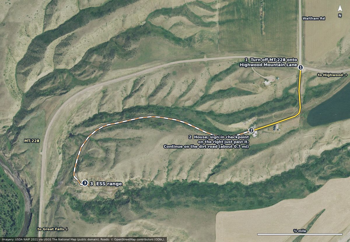 Aerial photo: turn off MT-228 onto Highwood Mountain Lane, follow it south to the house and the sign-in checkpoint, then take the dirt road west and south to the ESS range
